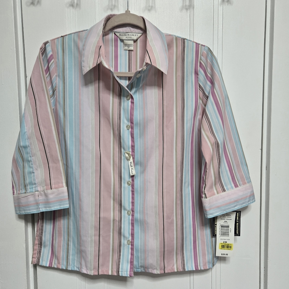 Allison Daley Pastel Multi-Stripe Button Front Blouse